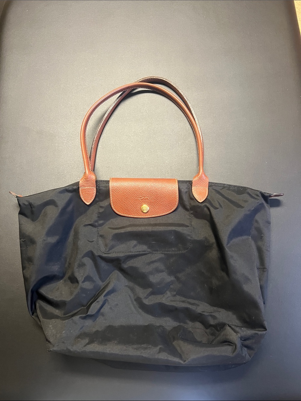 Longchamp Black Nylon Tote with Brown Leather Trim